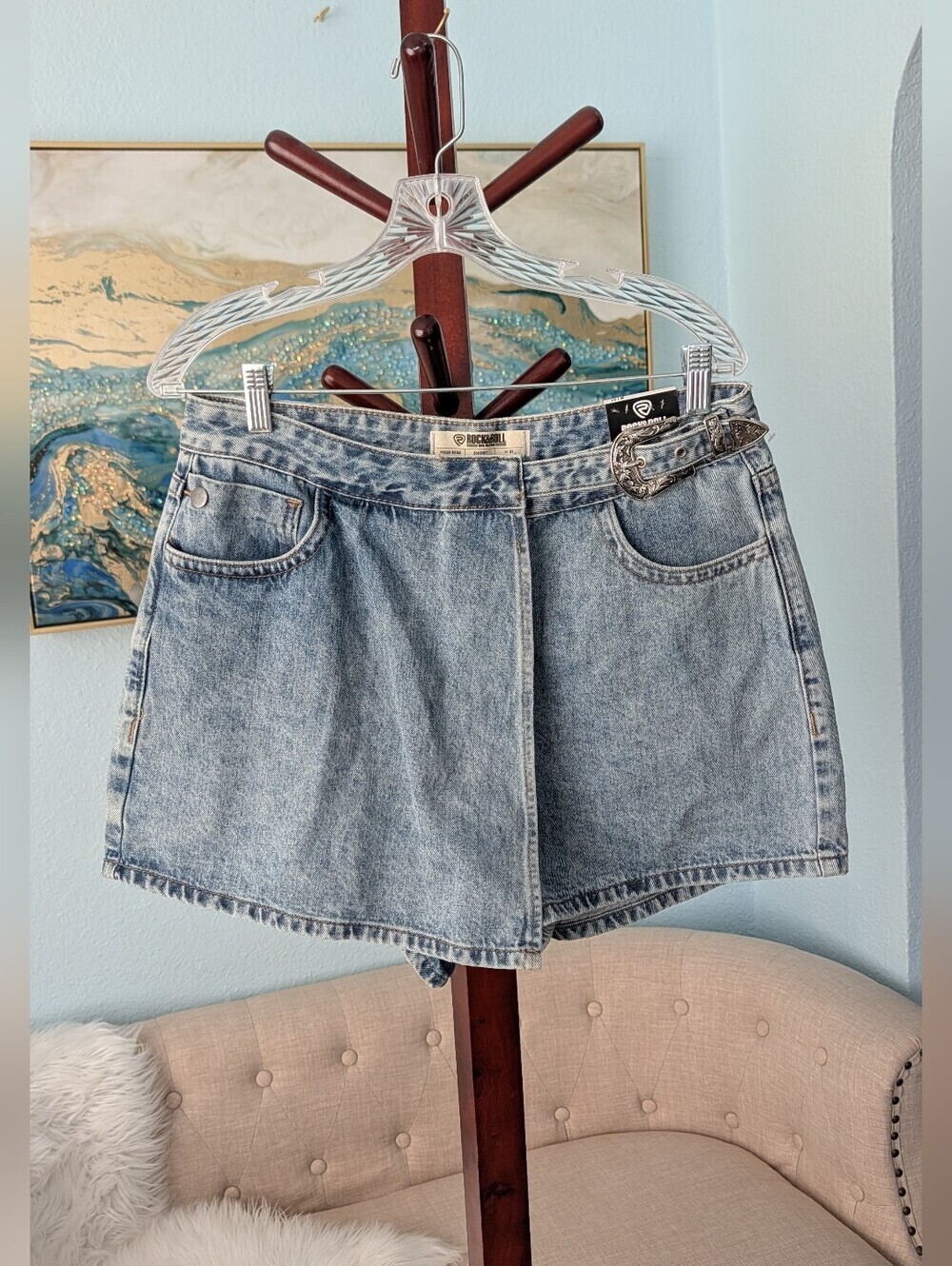 NWT Rock&Roll Denim Vintage-Inspired High Rise Skort With Silver Buckle Sz 31 - Picture 4 of 16